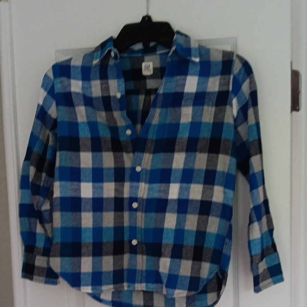 GAP Factory Blue and White Button Down Shirt Classic Plaid Design